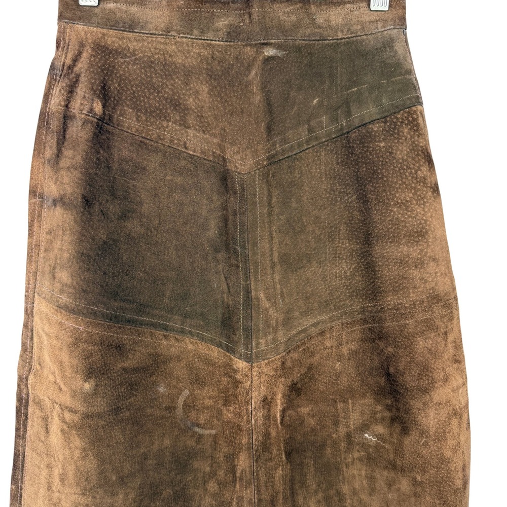 Vintage 70s Suede Leather Midi Skirt Women 26 Brown Western Boho Paneled A-Line - Picture 11 of 11